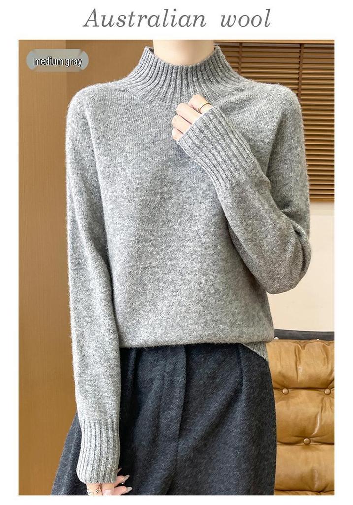 Women's 100% Pure Wool Half-High Neck Long-Sleeve Pullover Sweater - Thickened Base Layer for Autumn and Winter