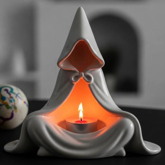 Mystic Wizard Candle Holder Halloween Hooded Cloak Tealight Holder Gothic Candlestick Ornament for Home Tabletop Decor