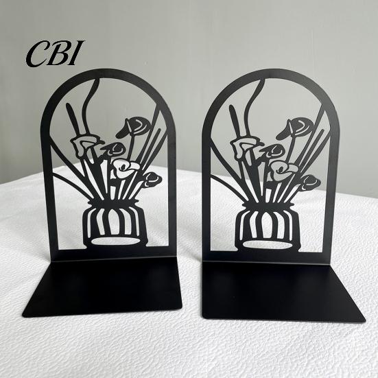 Metal Bookend 1 Pair Flower Bookends, Decorative Vase Book Ends for Shaped Shelves, Black Holder Stopper Home Office Reading Room Desktop