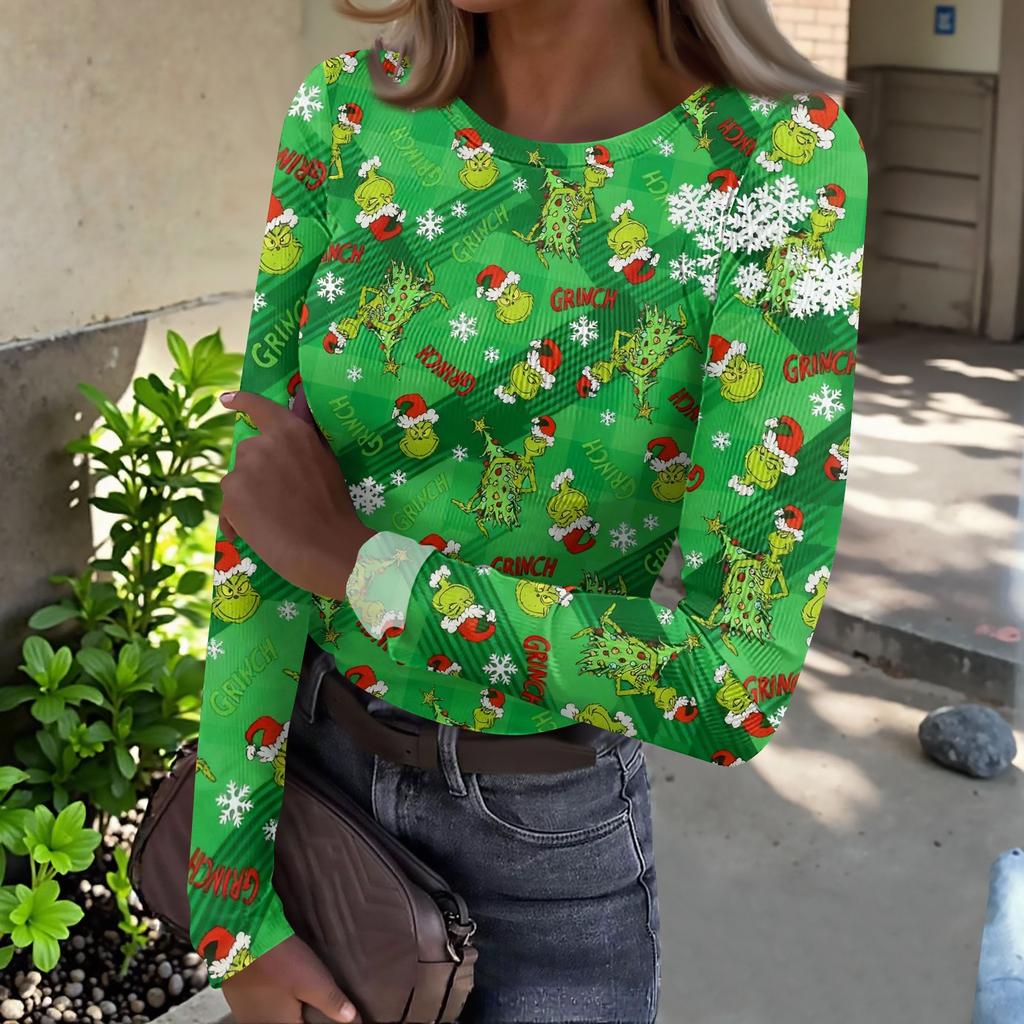 Women's Slim Fit Long Sleeve T-Shirt with Christmas Graphic Print Neck Pullover Top