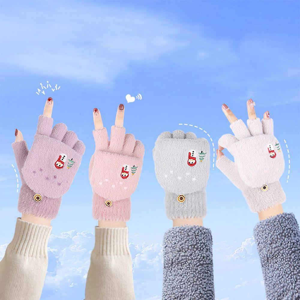 Windproof Solid Color Outdoor Women's Gloves Thick Mittens Flip Cover Gloves Half Finger Gloves