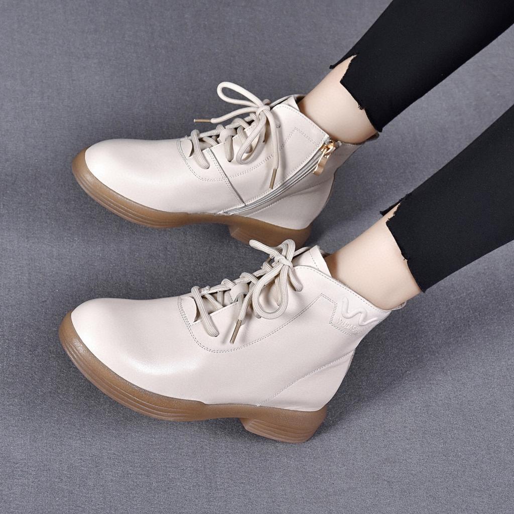 Rundhuvade korta stövlar dam höst och vinter nya bekväma plattbottnade första lager koskinn casual Martin boots enkel temperament läderstövlar