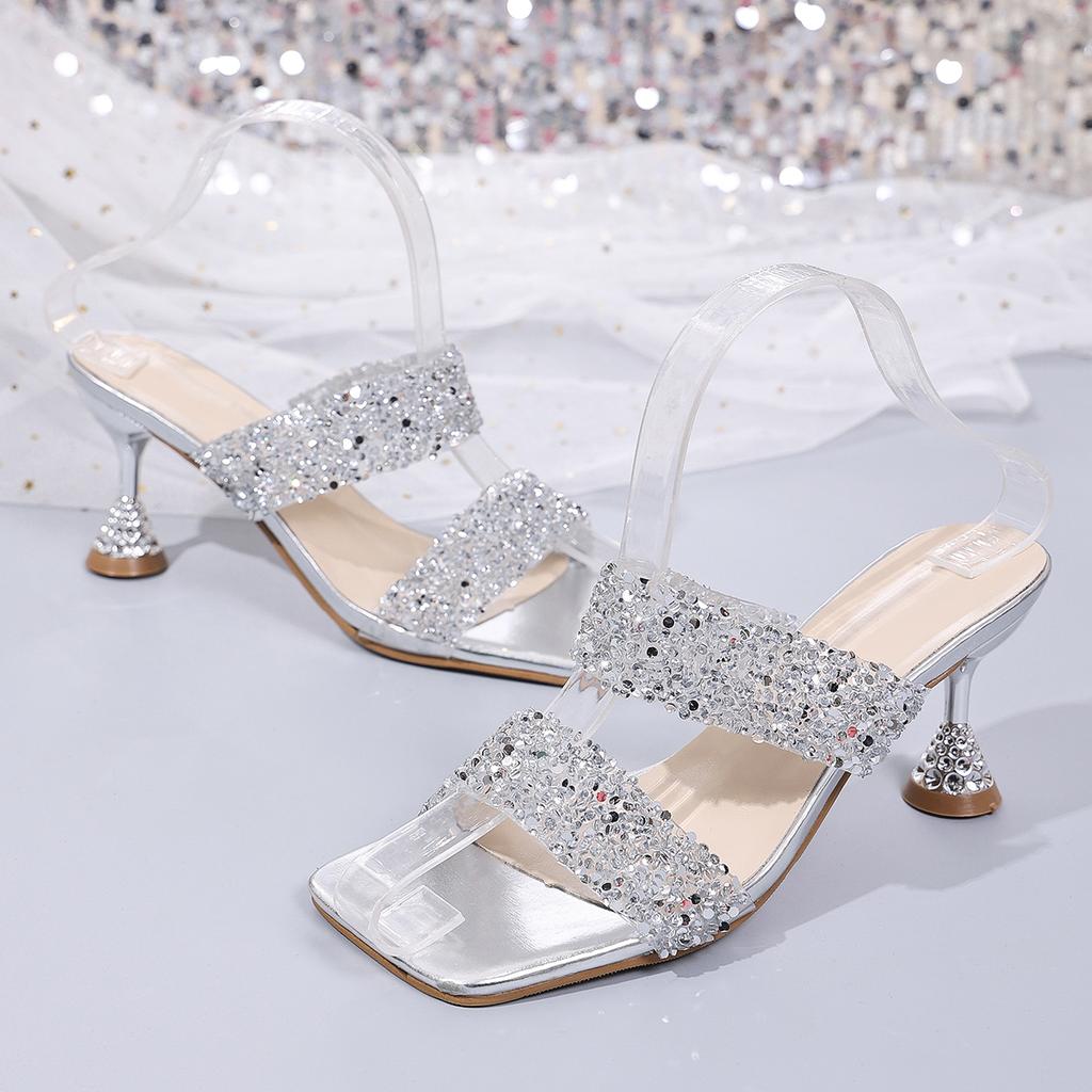 Plus Size Silver Glitter High Heels Sandals Women Fashion Sequin Decor High Heels Dress Party Shoes Woman Elegant Summer Sandals