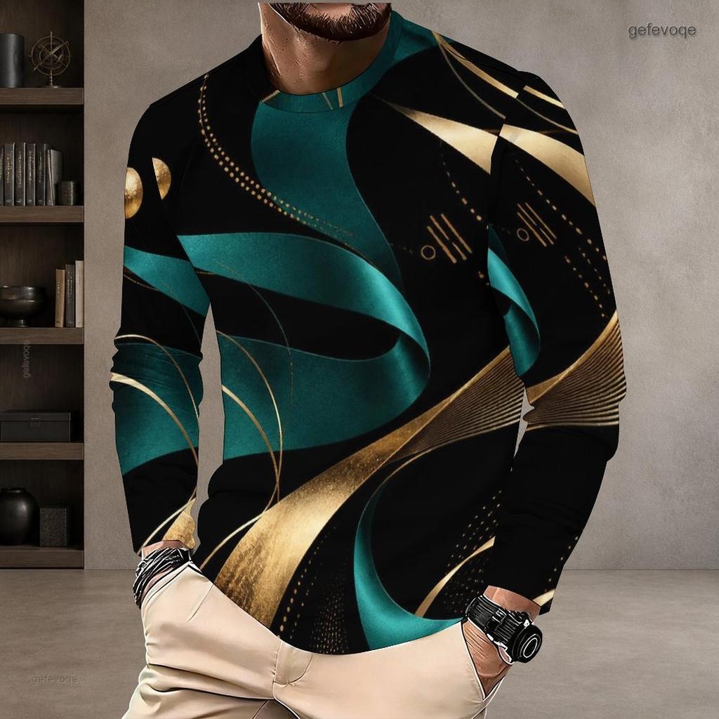 Men Plus Size Round Neck Long Sleeve Printed Gradient Striped Pullover T Shirt Straight Hem