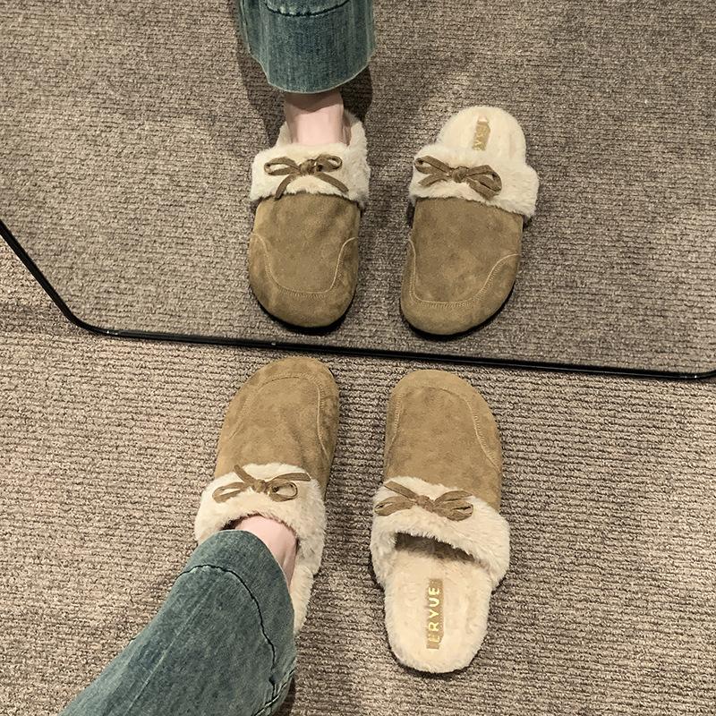 Retro bag head thick-soled fluffy half-slippers for women to wear 2025 winter new lazy one-pedal Doudou half-drag cotton shoes