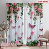 2PC Pink Rose Butterfly Striped Sheer Curtains - Romantic Garden Print Window Drapes for Bedroom Living Room Decor