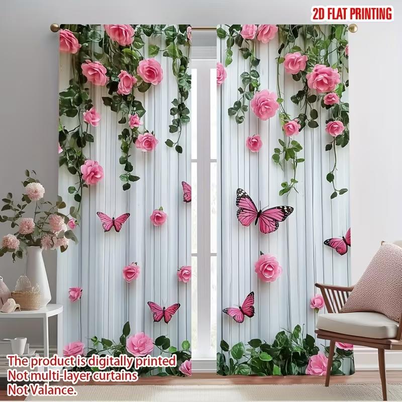 2PC Pink Rose Butterfly Striped Sheer Curtains - Romantic Garden Print Window Drapes for Bedroom Living Room Decor