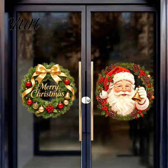 Festive Garland Decorations Christmas Wreath Window Stickers, Retro Santa Claus PVC Decals, Waterproof Decorative Seasonal Storefront Display