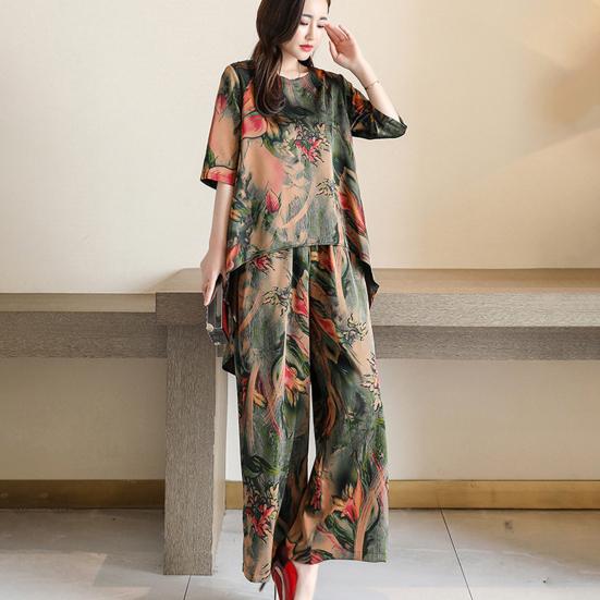 2Pcs/Set O-Neck Half Sleeve Casual Outfit High Low Hem Elastic Waistband Pockets Women Retro Pattern Long Top Wide Leg Pants Set Streetwear