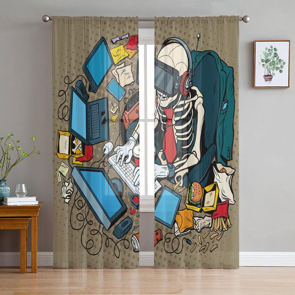 Gamepad Computer Keyboard Tulle Curtains For Living Room Voile Sheer Window Curtain For Bedroom Chiffon Curtains For Kitchen