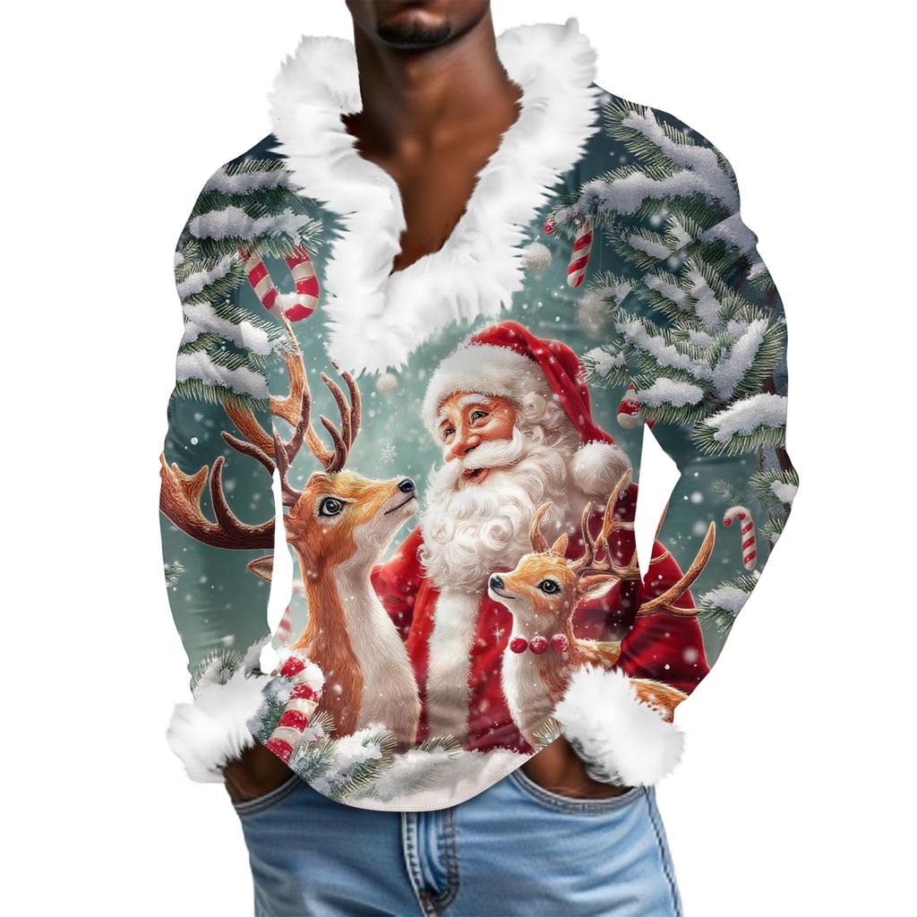 Herren Lässiges Weihnachten Bedrucktes Plüsch V-Ausschnitt und Fleece Langarm-Sweatshirt