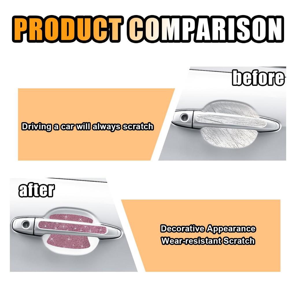 Bling Car Door Handle Protector - Scratch Resistant Sticker, Universal Protective Cover, Shiny Rhinestone Car Decoration Accessories for Women (Pink)