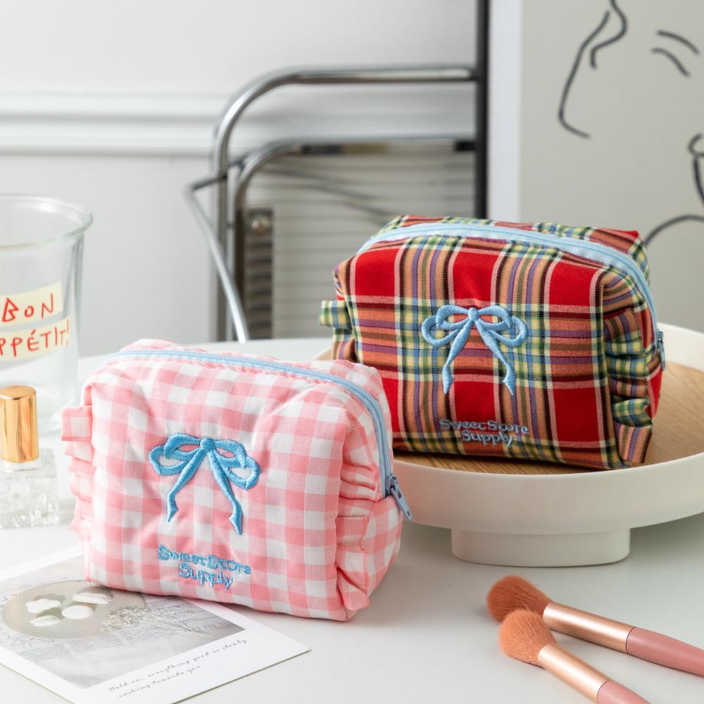 Polyester Cute Plaid Makeup Bag With Bow For Travel And Dorm Use