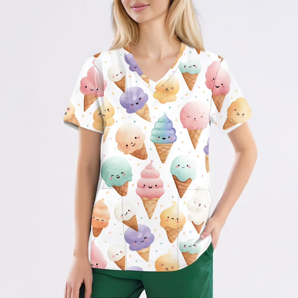 Women's Fashion V,Neck Short Sleeve Overalls With Pockets  Print Tops  Clothes