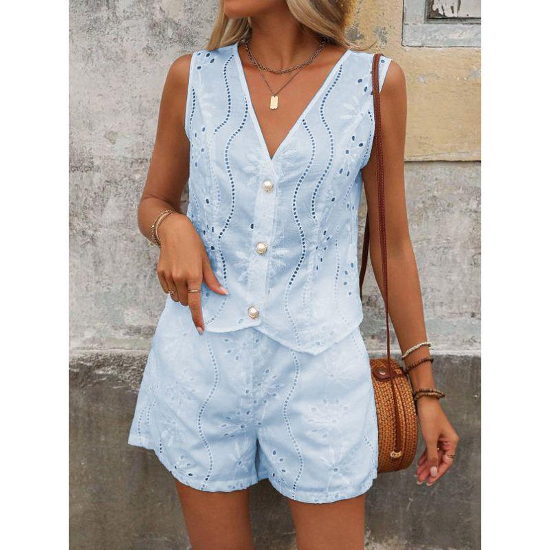 Tank Top and Shorts Set European and American French style Solid Casual Hollow out V-neck Vest Shorts Two-Piece Set