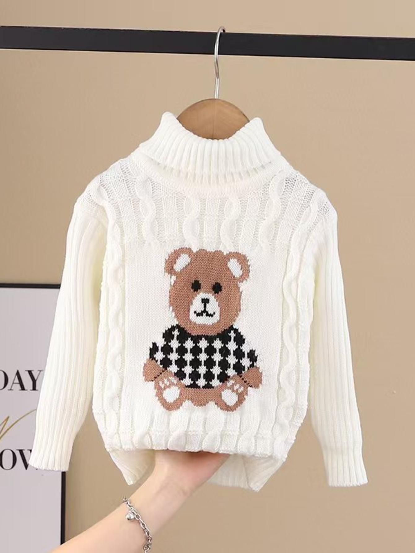 

[Повседневный свитер] 1 шт. Детский мультяшный свитер с высоким воротником и рисунком медведя | 100% акриловая вязаная ткань, повседневный высокий воротник, облегающий крой, длинный рукав - свитер-пуловер 24 белый