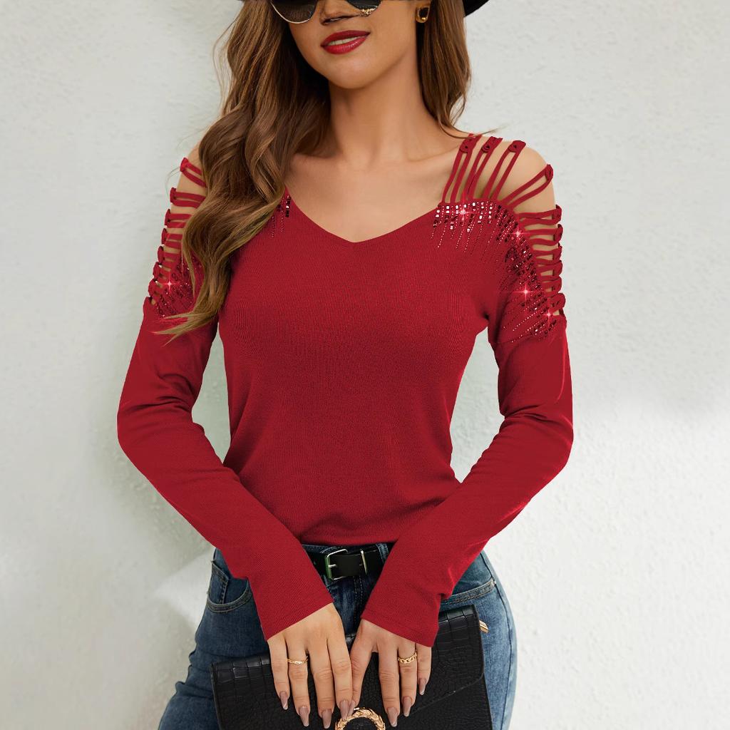 Fashion Lace Splicing Heavy Drilling V-Neck Floor Length Long Sleeve T-Shirt Women's Tops Versatile Closet Essential Fashion Items Shirt