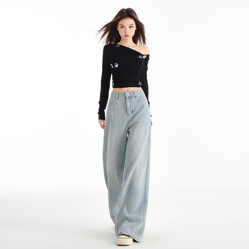 2025 Spring Women's High-Waisted Wide-Leg Jacquard Jeans - Slimming, Floor-Length