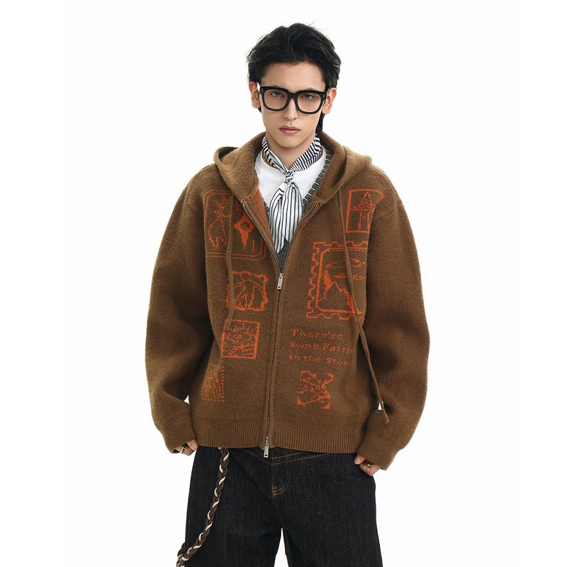 

Acrardic American-Style Fashionable Jacquard Hooded Sweater for Men, Thickened Vintage Warm Cardigan Knitwear Jacket Curry color XL