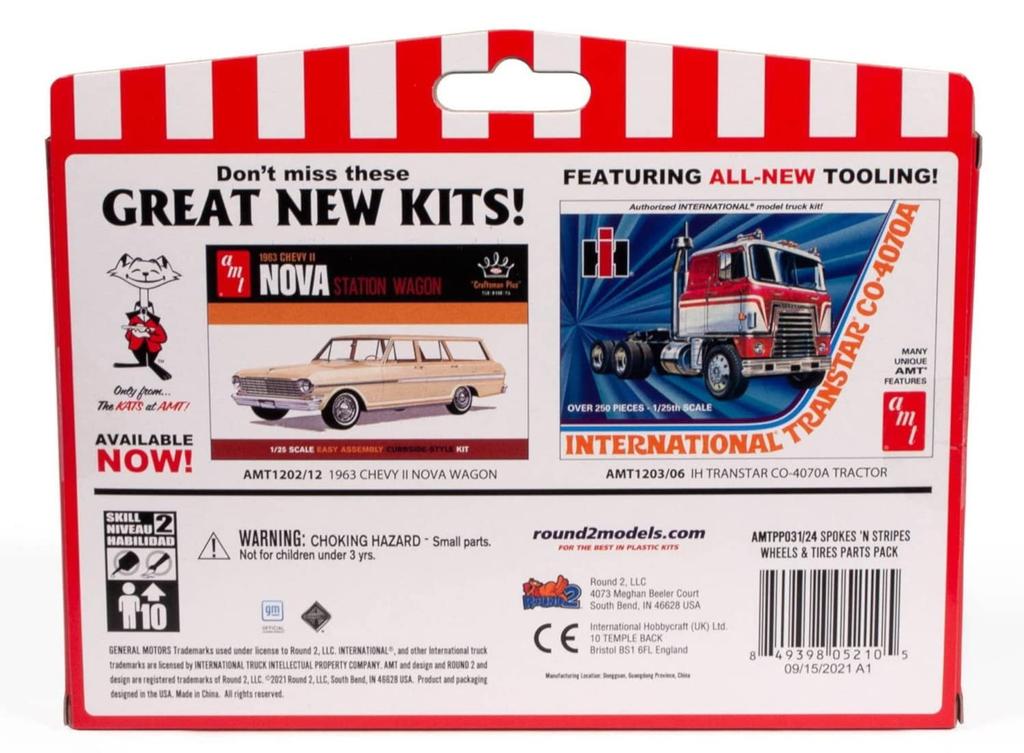 AMT Scale Mag Wheels Red Line Pinstripe Plastic Model Kit Parts Color 1/25 5-Spoke & Line/Gold Tires, AMTPP031, Pre-Molded