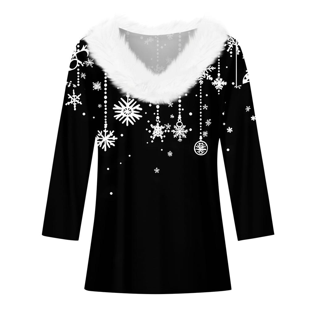 Camiseta de Manga Tres Cuartos para Mujer con Estampado Navideño para Fiesta Navidad Cuello Polar con Escote en V
