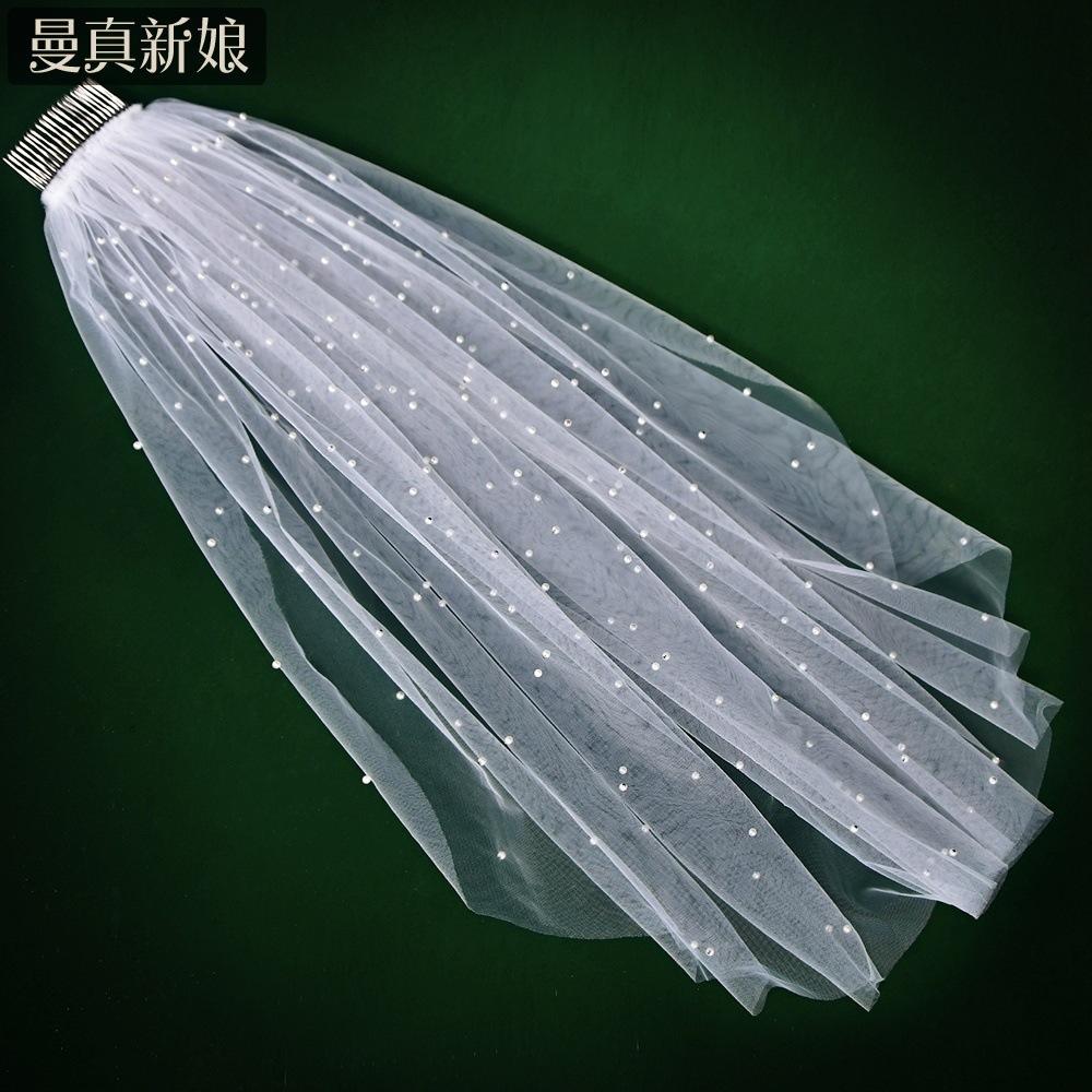 All Over Scattered Pearl Sheer Tulle Bridal Veil, Single Layer Plain Ivory Wedding Veil For Lace Satin Gown Pre-Wedding Elopement Portrait Shoot
