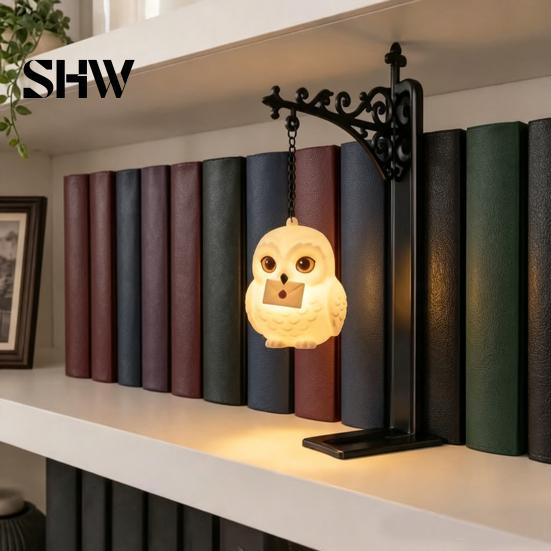 Retro Dark Fantasy Decor Hanging Magic Owl Bird Deer Bookend Lamp, Gothic Metal Bookshelf Light, Magical Lantern for Reading Nook Vintage Library