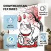 Japanische Glückskatze Maneki Neko Duschvorhang, Zen Tuschemalerei Kirschblüten & Rote Sonne Kunst, Orientalische Glücksbringer Badezimmerdekoration