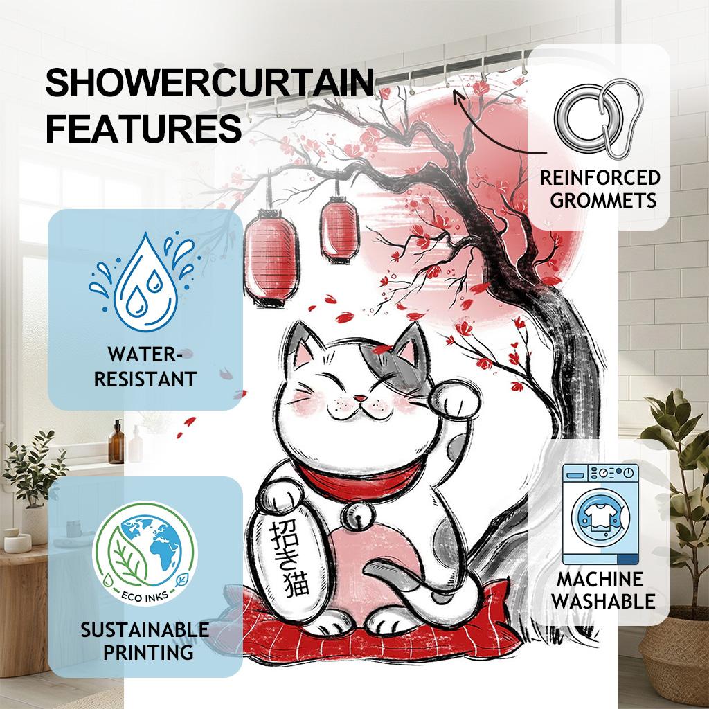 Japanische Glückskatze Maneki Neko Duschvorhang, Zen Tuschemalerei Kirschblüten & Rote Sonne Kunst, Orientalische Glücksbringer Badezimmerdekoration
