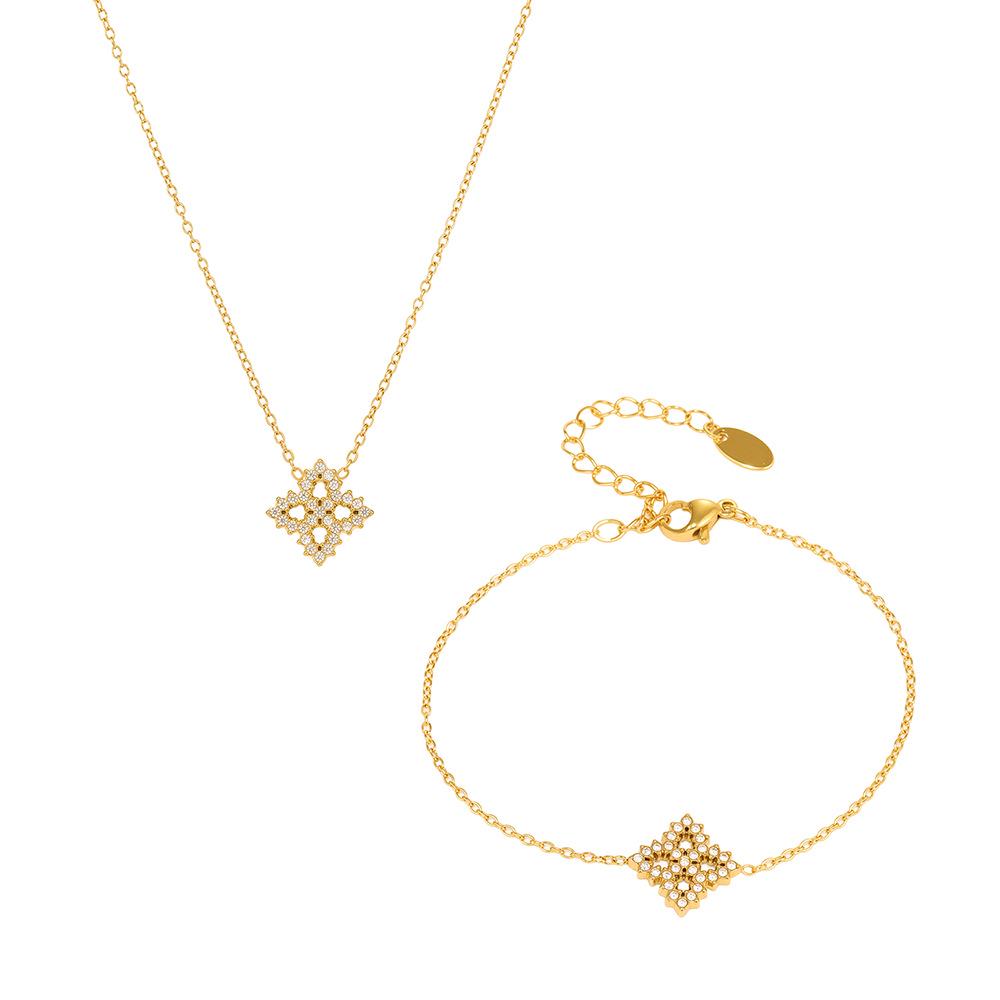 Qiong Yao 5A Zircon Four-Leaf Clover Clavicle Bracelet Set - European & American Style Stainless Steel Jewelry