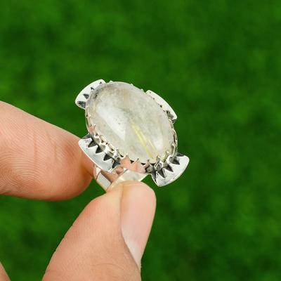 Golden Rutile Stone Sterling Silver Stackable Promise Wife Birthday Ring Size 7