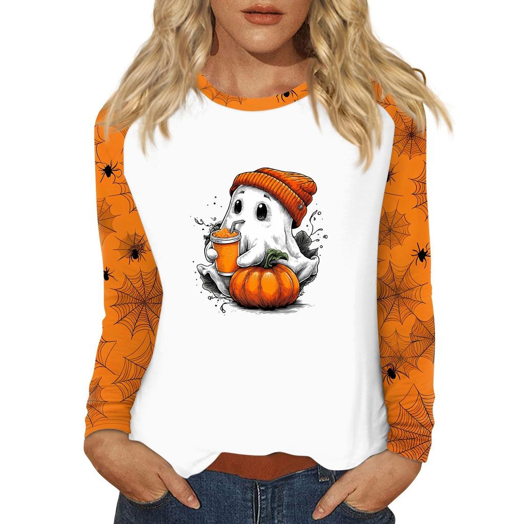 Women's T Shirt Halloween Print Long Sleeve Daily Fashion Basic Round Neck Raglan Sleeve Top