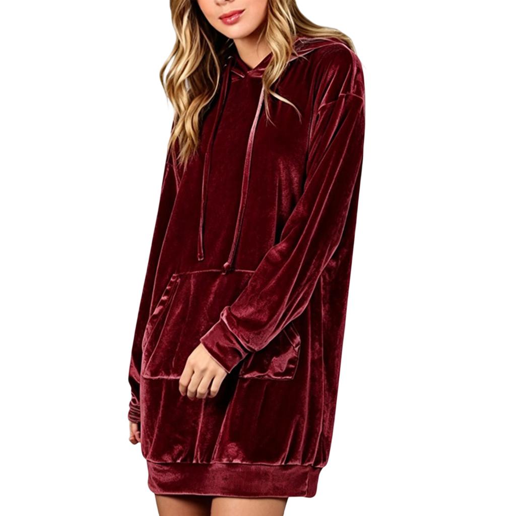 Women's Hooded Long Sleeve Loose Fit Color Dress for Casual Everyday Wear