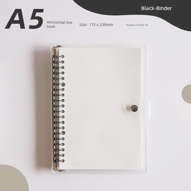 

Grade Three Class Two Soft Leather Transparent Loose Spiral Notebook Removable Minimalist Good-looking Notepad A5 Notebook K for Students Black A5 + horizontal 60