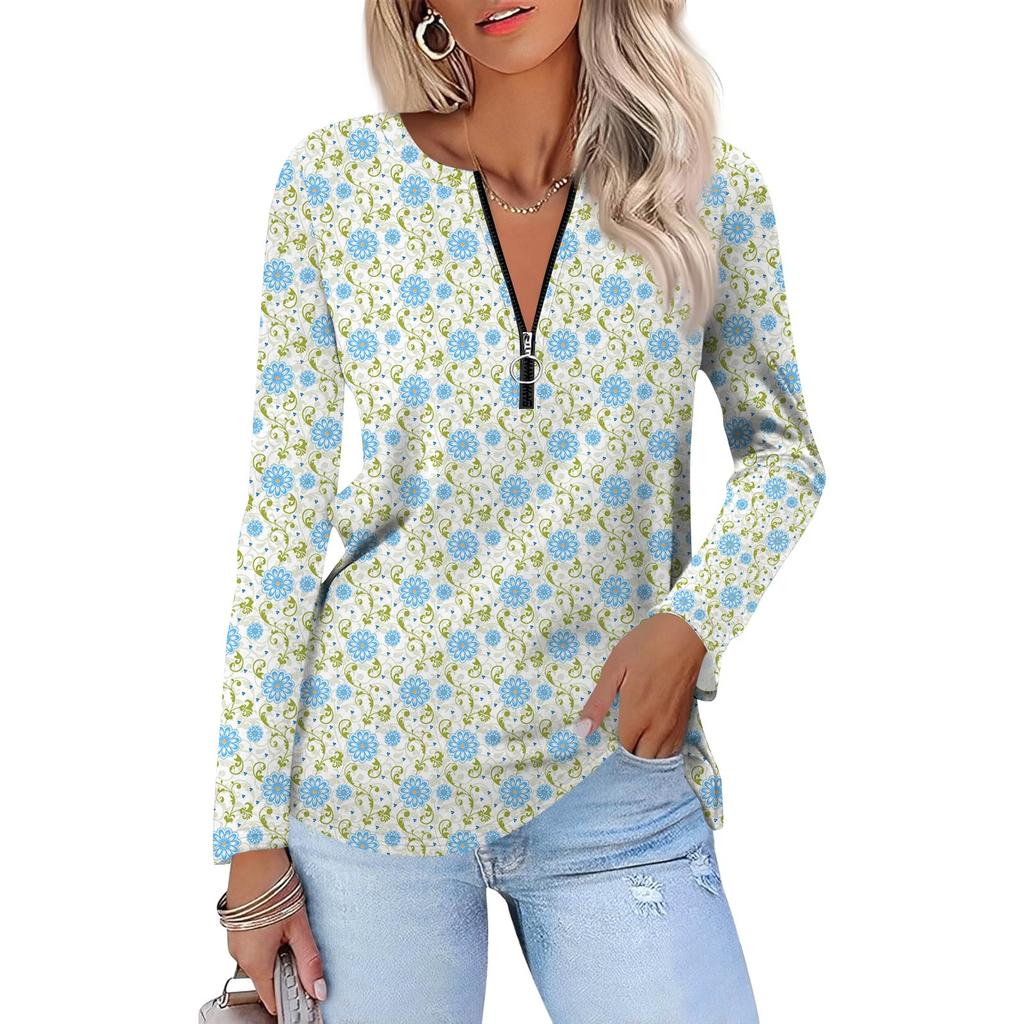 Damenmode Lässig Bedruckt Reißverschluss V-Ausschnitt Langarm Shirt Tops