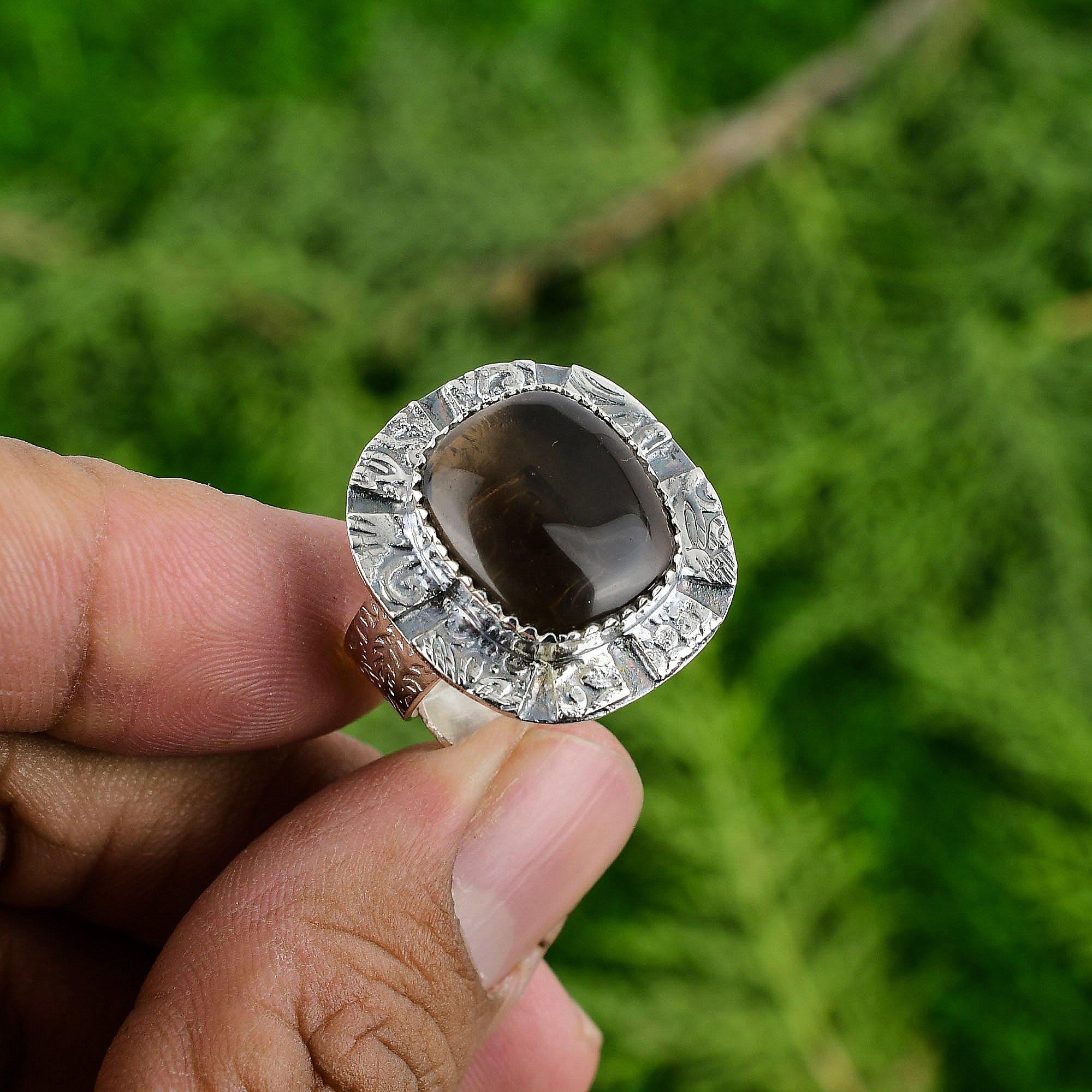 

925 Sterling Silver Radiant Smoky Quartz Gemstone Anniversary Boho Ring Jewelry Adjustable