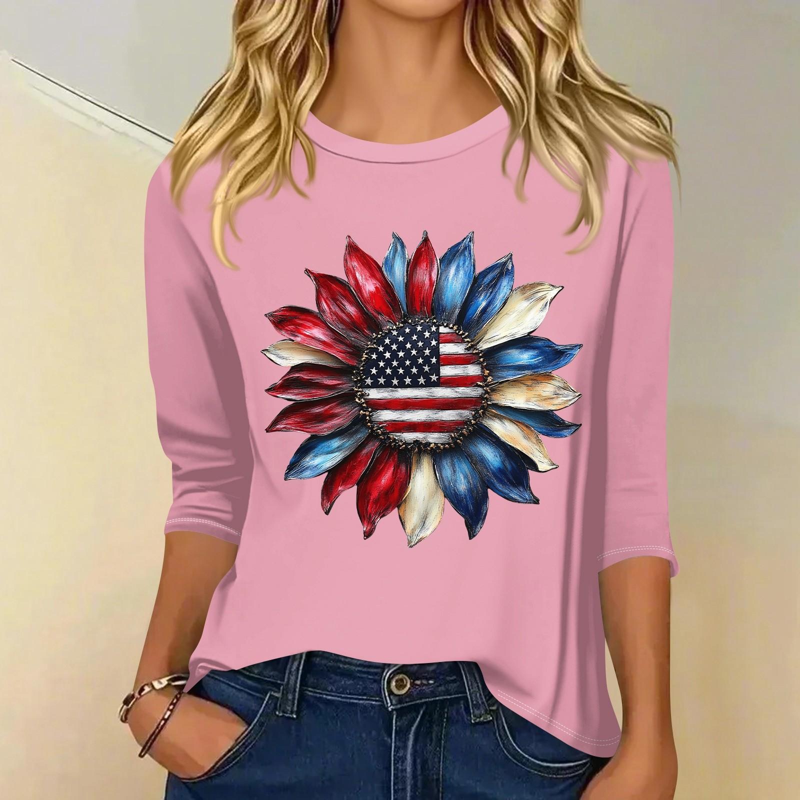 

Women s Fashion Casual 3/4 Sleeve T-Shirt Printed Round Neck Pullover Top S рожевий