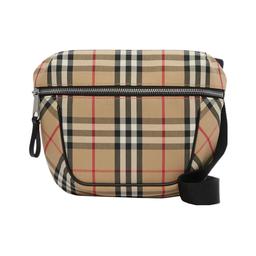 Burberry Verstellbarer Crossbody-Gurt Reißverschluss Karierte Baumwolle und Leder Umhängetasche Herren Umhängetasche Beige 80629451