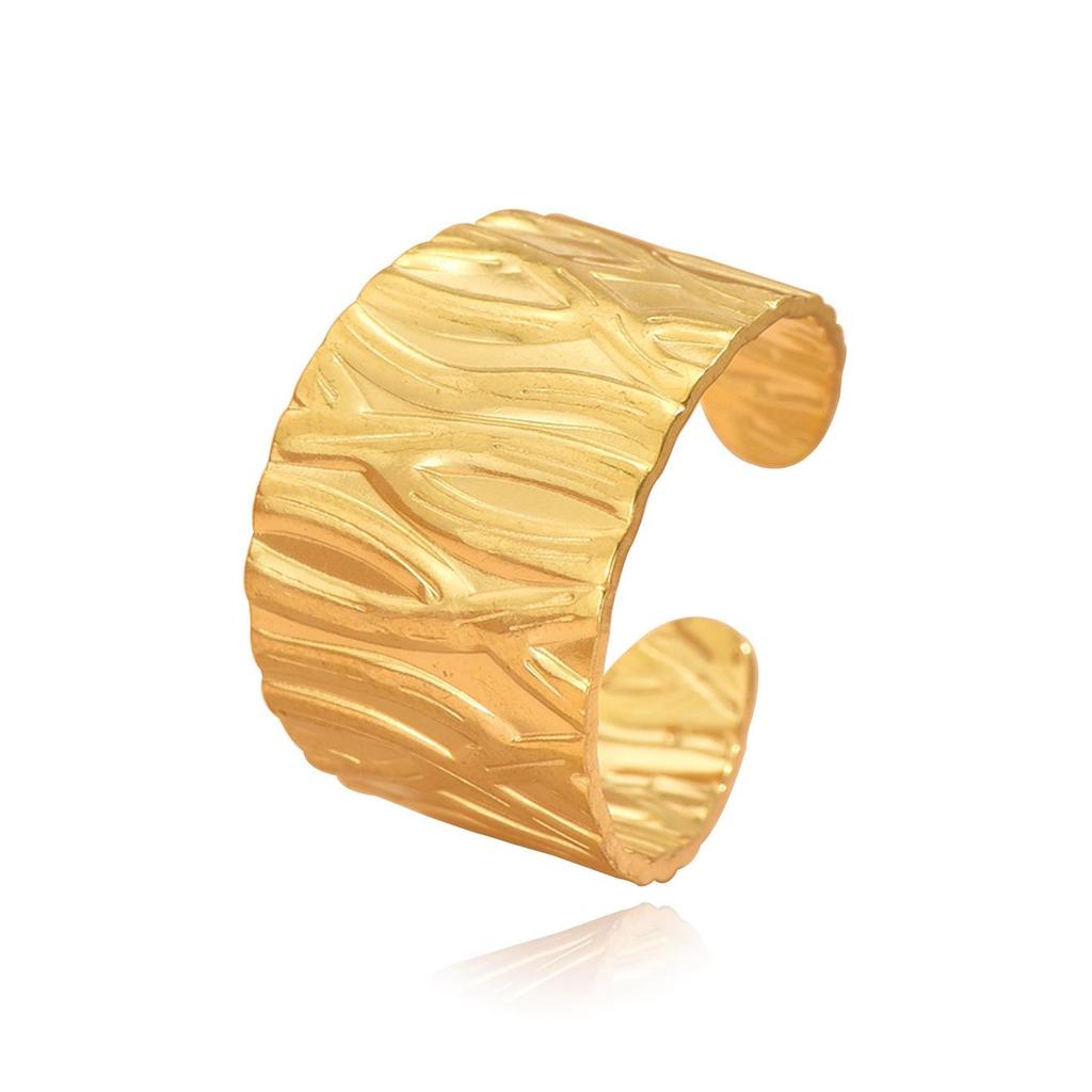 Cross Retro Wide Band Gold-Plated Textured Stainless Steel Adjustable Ring