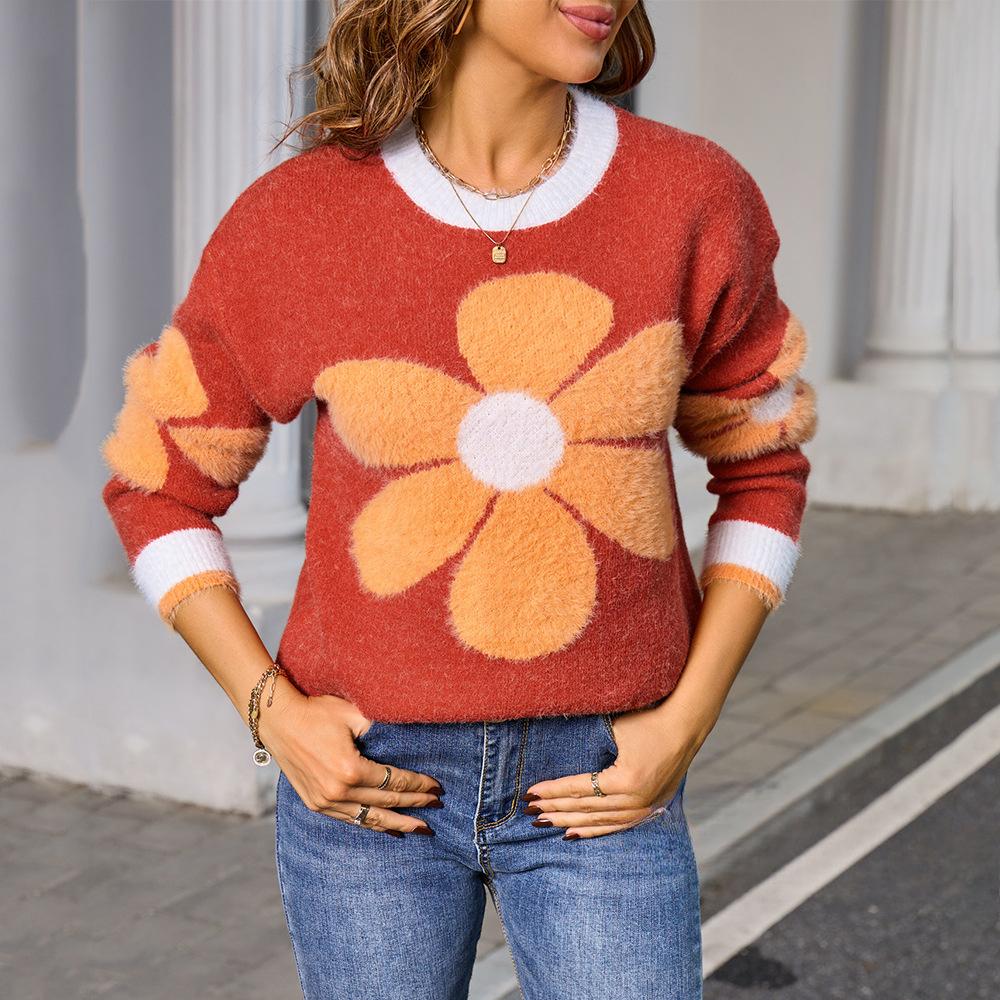 New Autumn and Winter Women's Floral Wool Knitted Sweater, Long-sleeved Round-neck Sweater