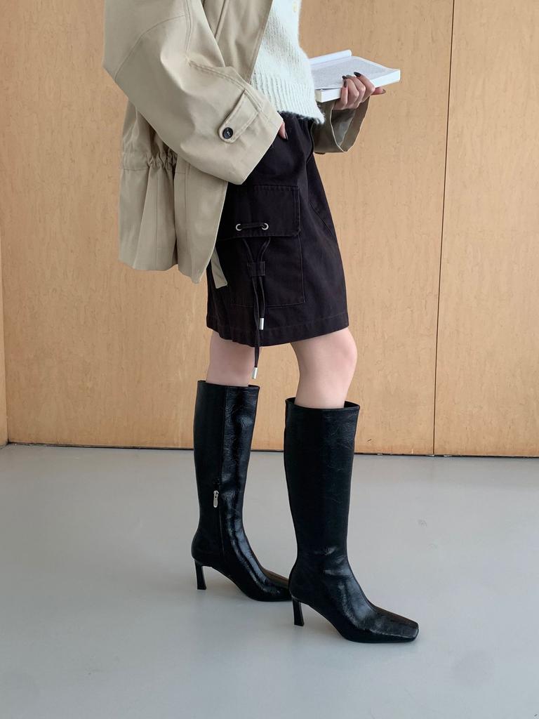 Wide tube square head knight boots women's autumn and winter boots thick high heel boots thin boots