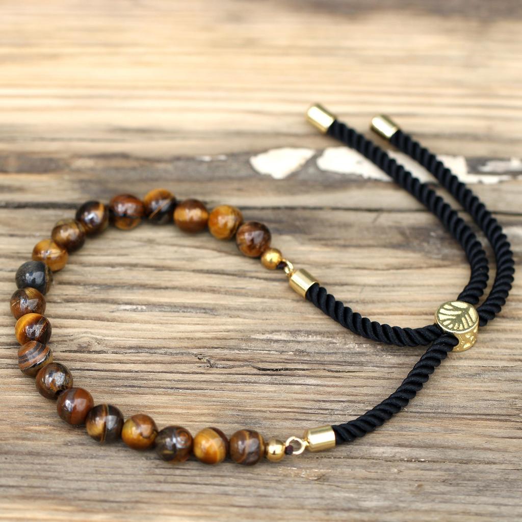 Tiger Eye Bracelet Adjustable Black Cord 18K Gold-Plated