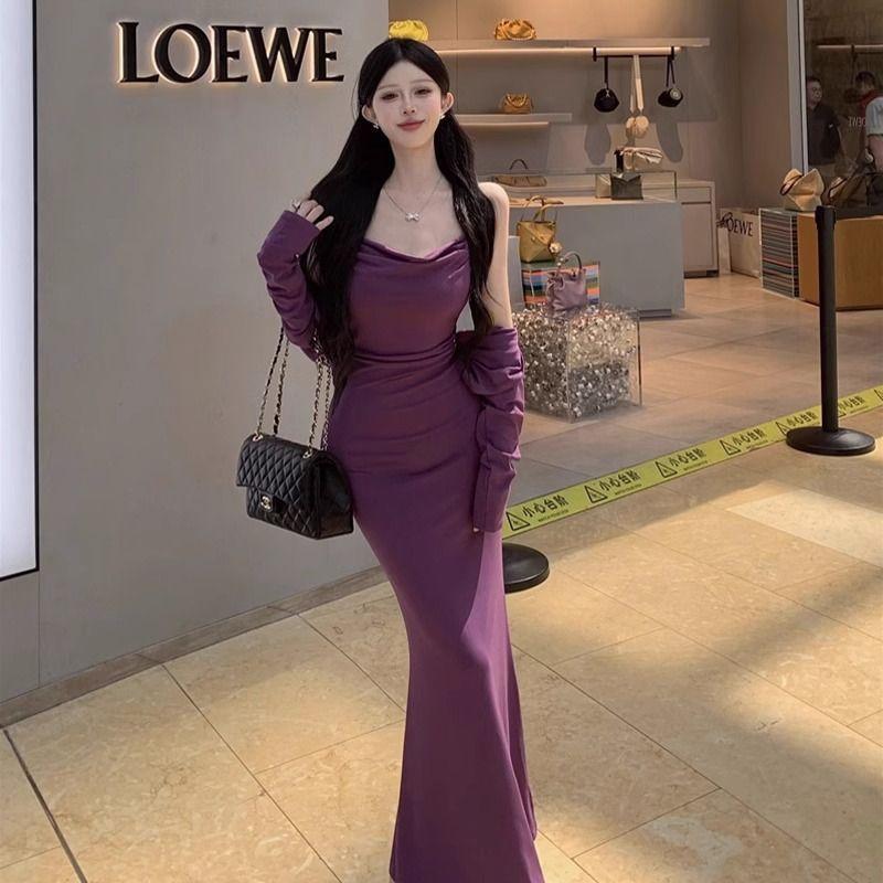 Autumn new pure desire lazy style thin hip-wrapped slim-fit suspender dress long-sleeved small cardigan two-piece set