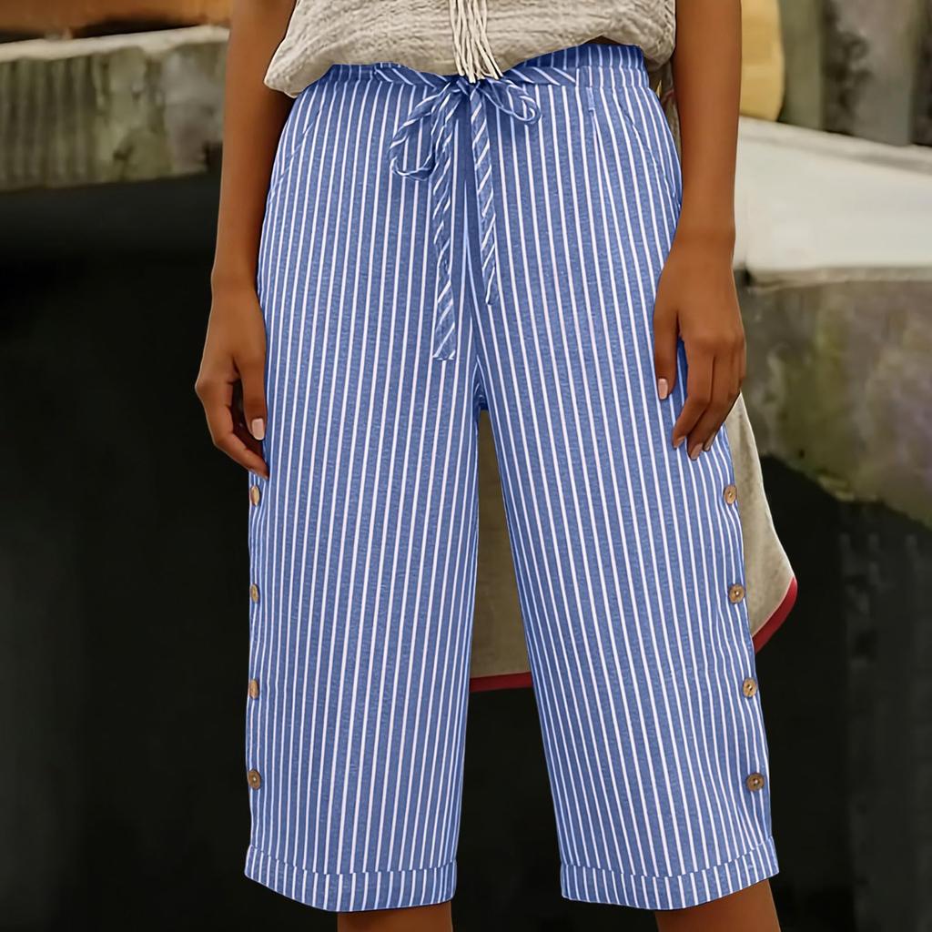 Dames Zomer Mode Gestreept Elastische Taille Vijfkwart Broek Casual Losse Zak Shorts