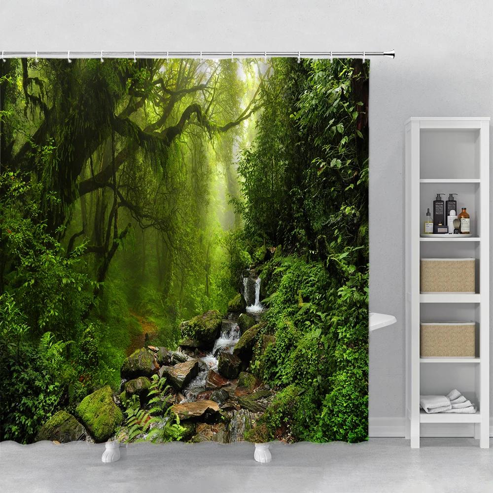 Forest Landscape Shower Curtain Sunshine Waterfall Green Bamboo Mist Jungle Autumn Scenery Bathroom Curtains Bathtub Decor Hooks