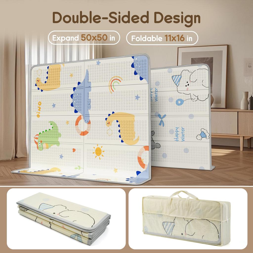 Foldable Baby Play Mat, PIGLOG Waterproof Playmats for Babies and Toddlers Kids, Safe Foam Playmat for Tummy Time, 50x50 Playpen
