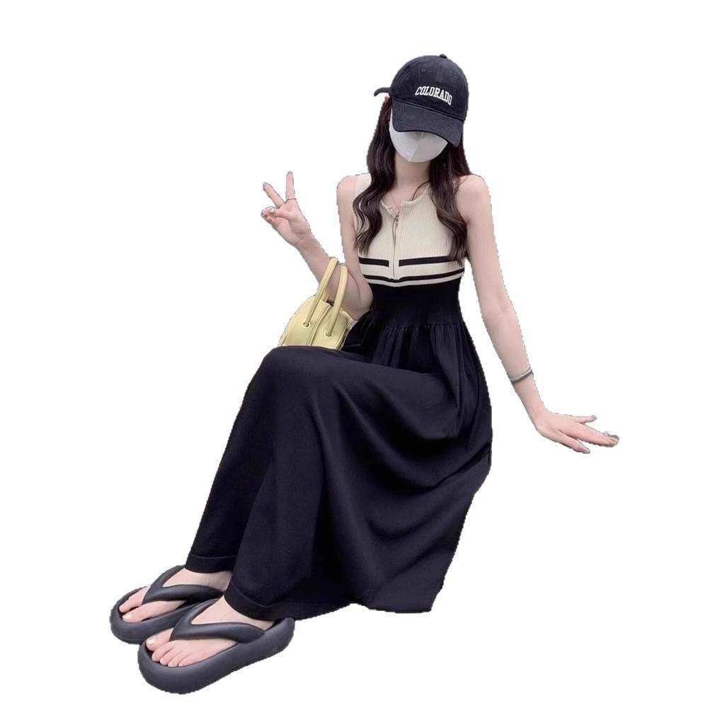 Striped vest dress women's summer Xiaoxiangfeng waist thin splicing contrasting color sleeveless long skirt knitted bottoming skirt