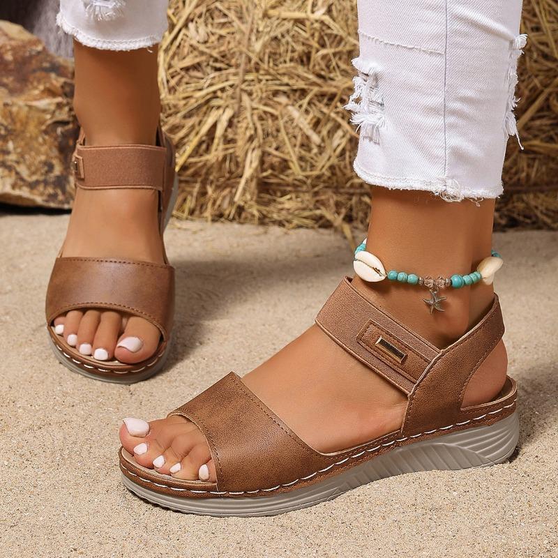 Women's Peep-Toe Casual Sandals With Velcro Strap, Roman Style Outdoor Footwear, Available In Large Sizes.
