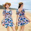 Plus Size Women's Tummy Control Slimming One-Piece Skirted Swimsuit - Conservative Fashion Print