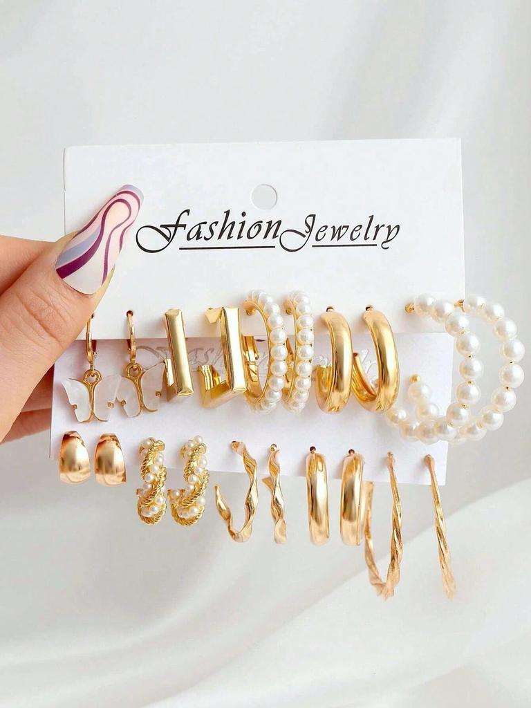 2026 Explosive Earrings Earrings Geometric Square Earrings Retro Pearl Card Set Alloy Earrings Earrings Combination